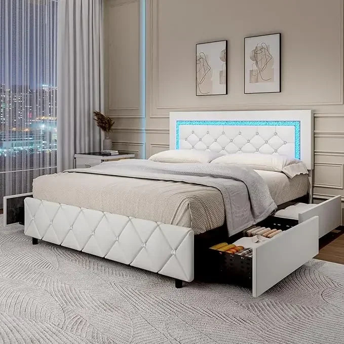 Upholstered Bed Frame with Storage, Diamond Design