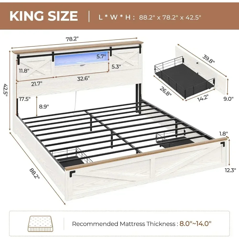 Rustic Bed Frame, LED Lights, Storage Drawers