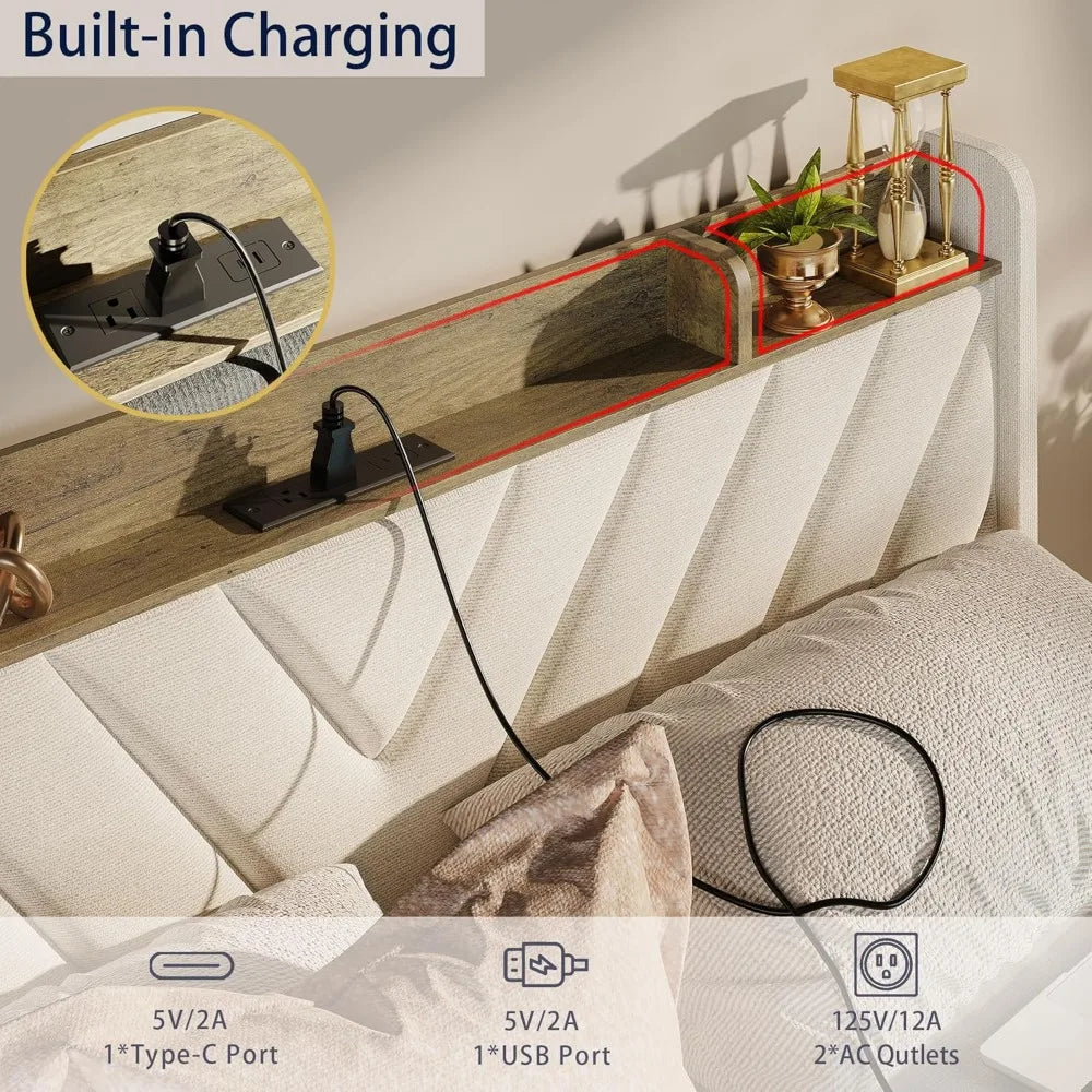 Upholstered Bed Frame, Storage Drawers, Charging Station