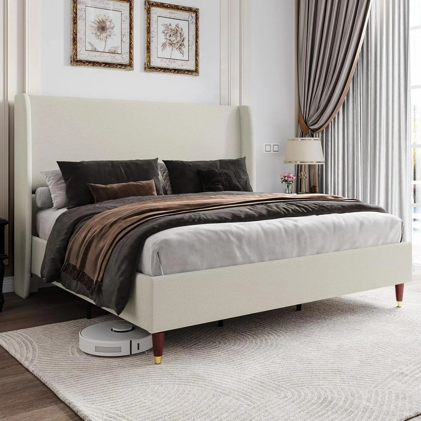 Upholstered Platform Bed, Wingback Headboard, No Box spring Needed