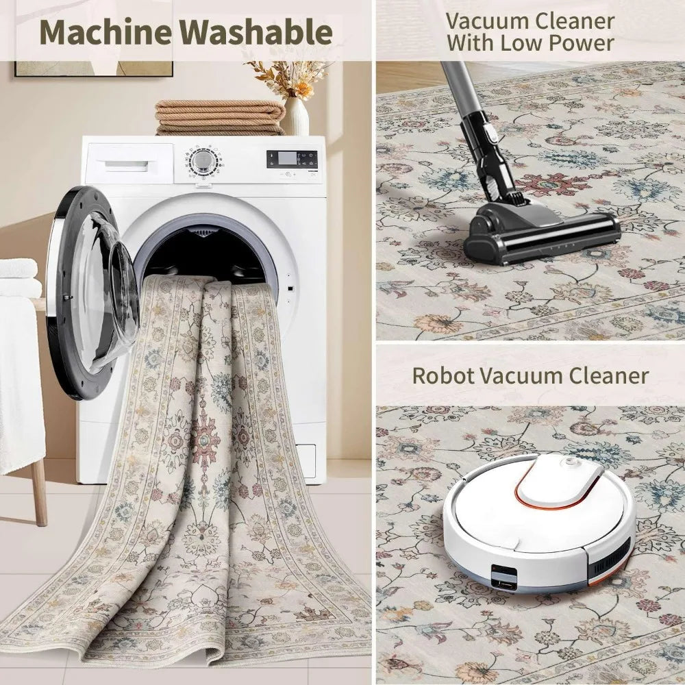 Floral Boho 8x10 Area Rugs, Low Pile Wool Carpets