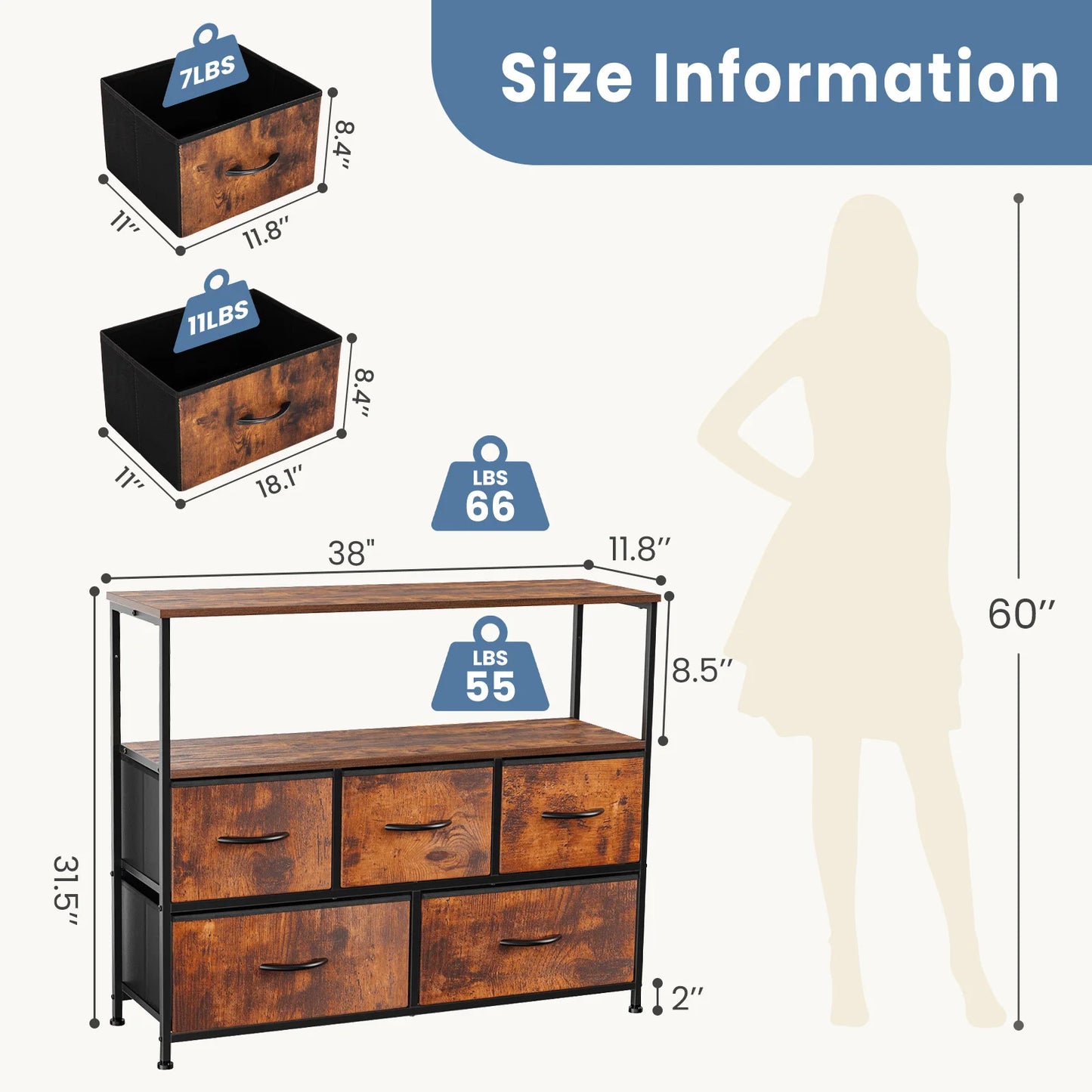 TV Stand Dresser for Bedroom with 5 Fabric Drawers