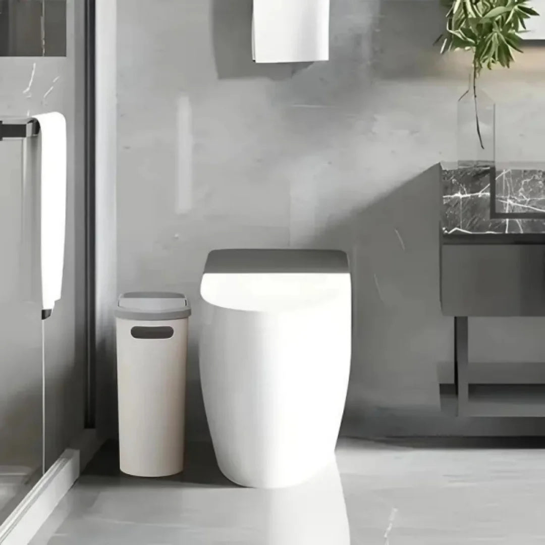 Fashionable white grey bathroom trash can with lid and handle