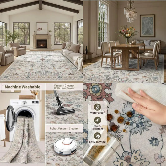 Floral Boho 8x10 Area Rugs, Low Pile Wool Carpets