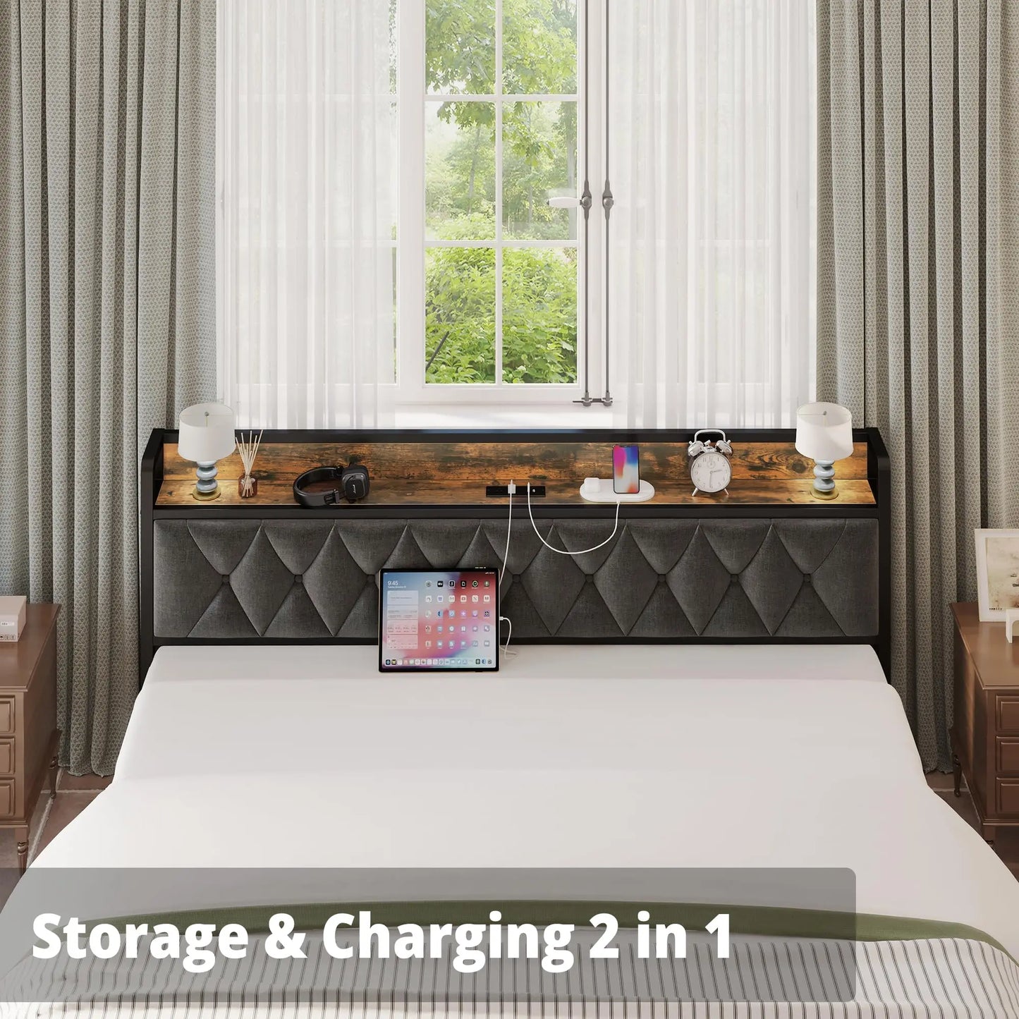 Modern Bed Frame, Storage Headboard, Outlets Included