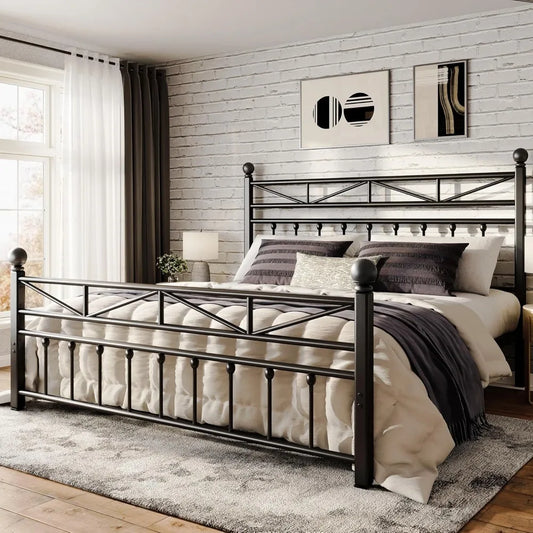 54" Metal King Bed Frame With Tall Headboard & Footboard
