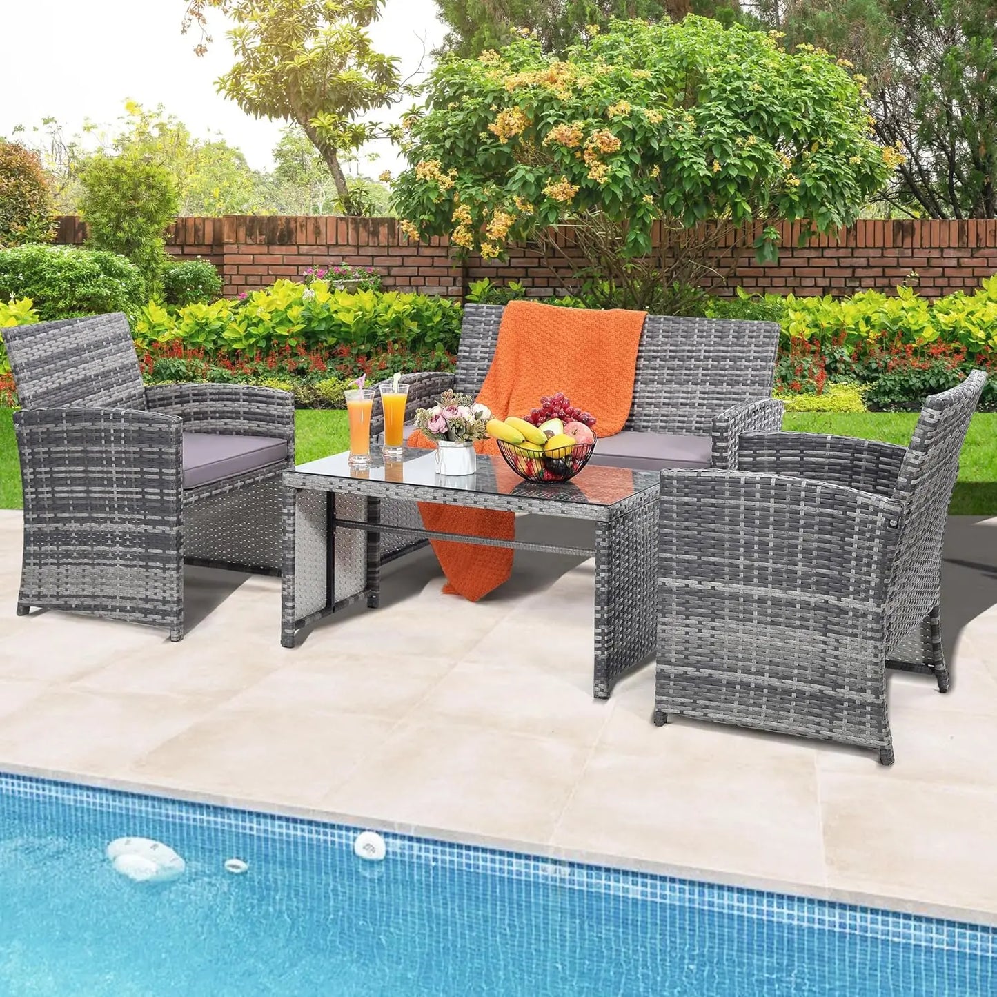 4 Pieces Rattan Patio Furniture Set