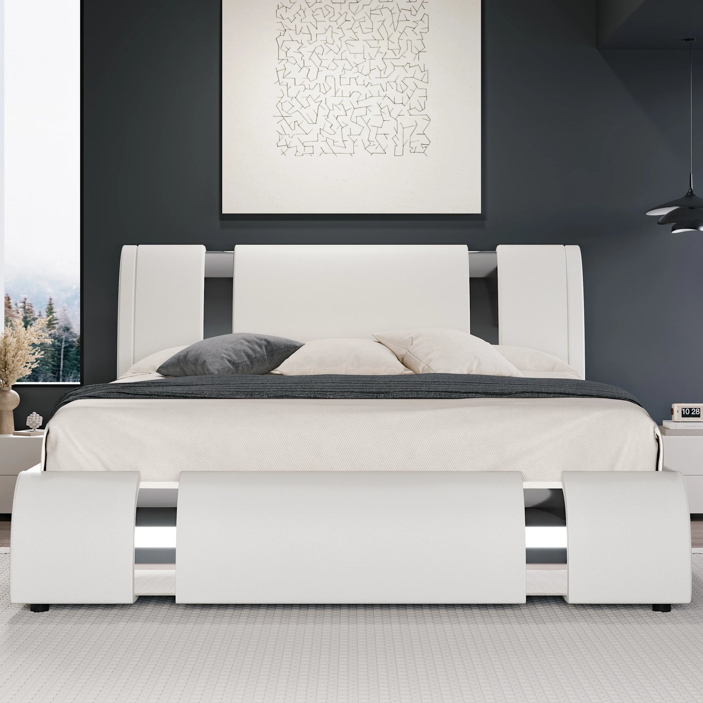 Modern Faux Leather Platform Bed Frame With Iron Accents