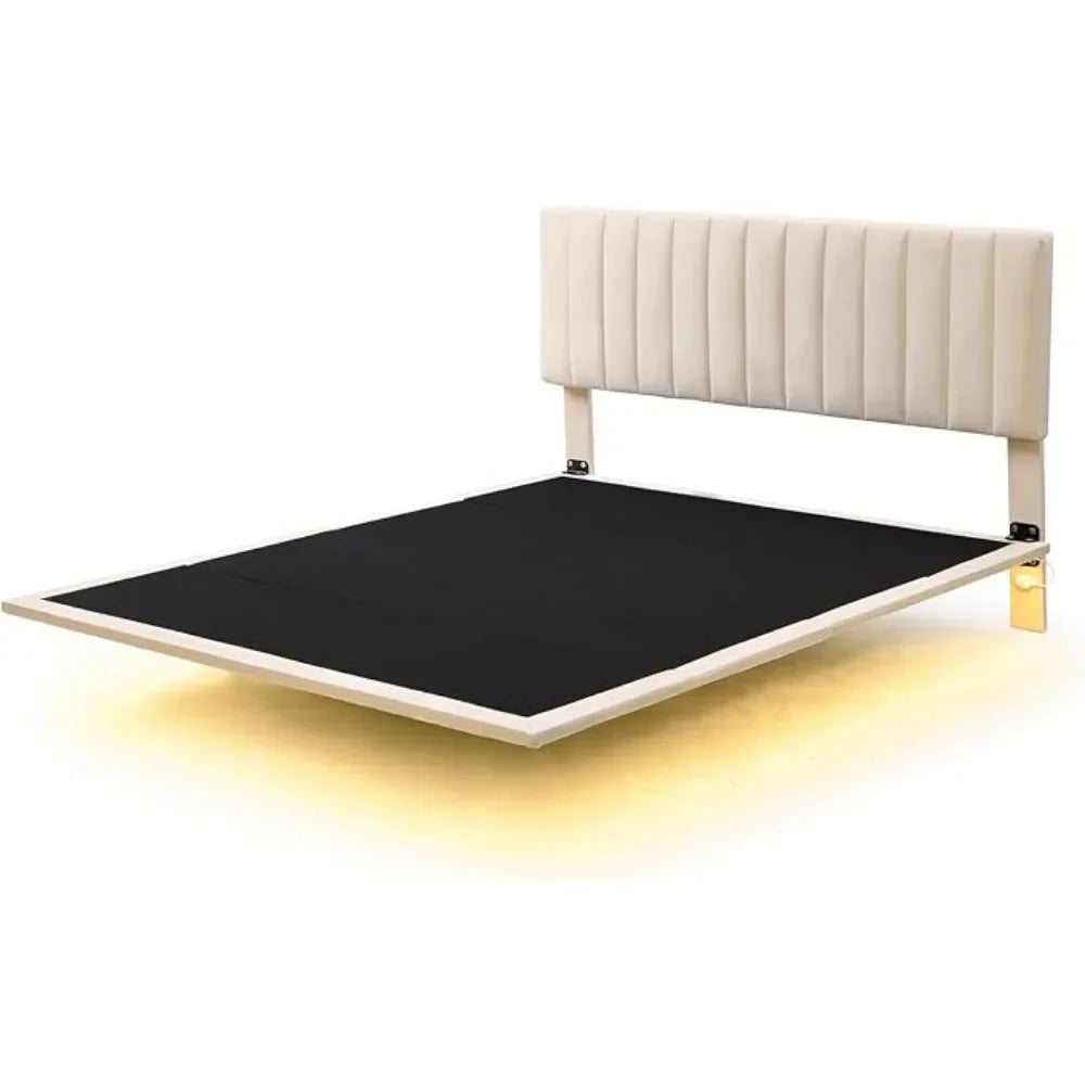 Queen Size Modern Floating Velvet Platform Bed