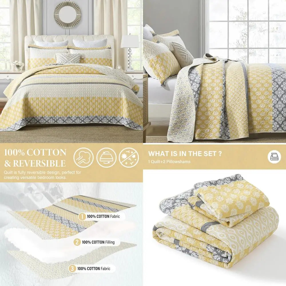 Yellow Cotton Floral Queen Quilt Set