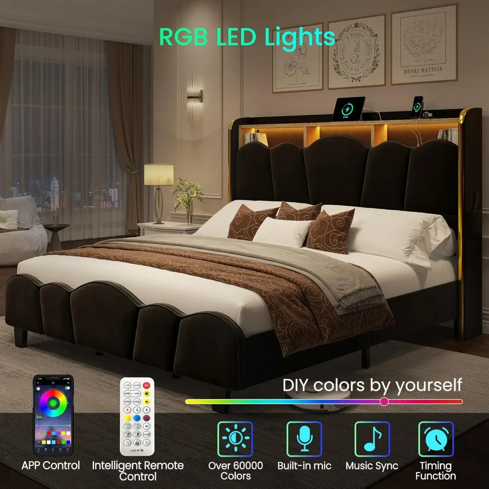 Velvet Bed Frame, LED, Charging, Gold Trim