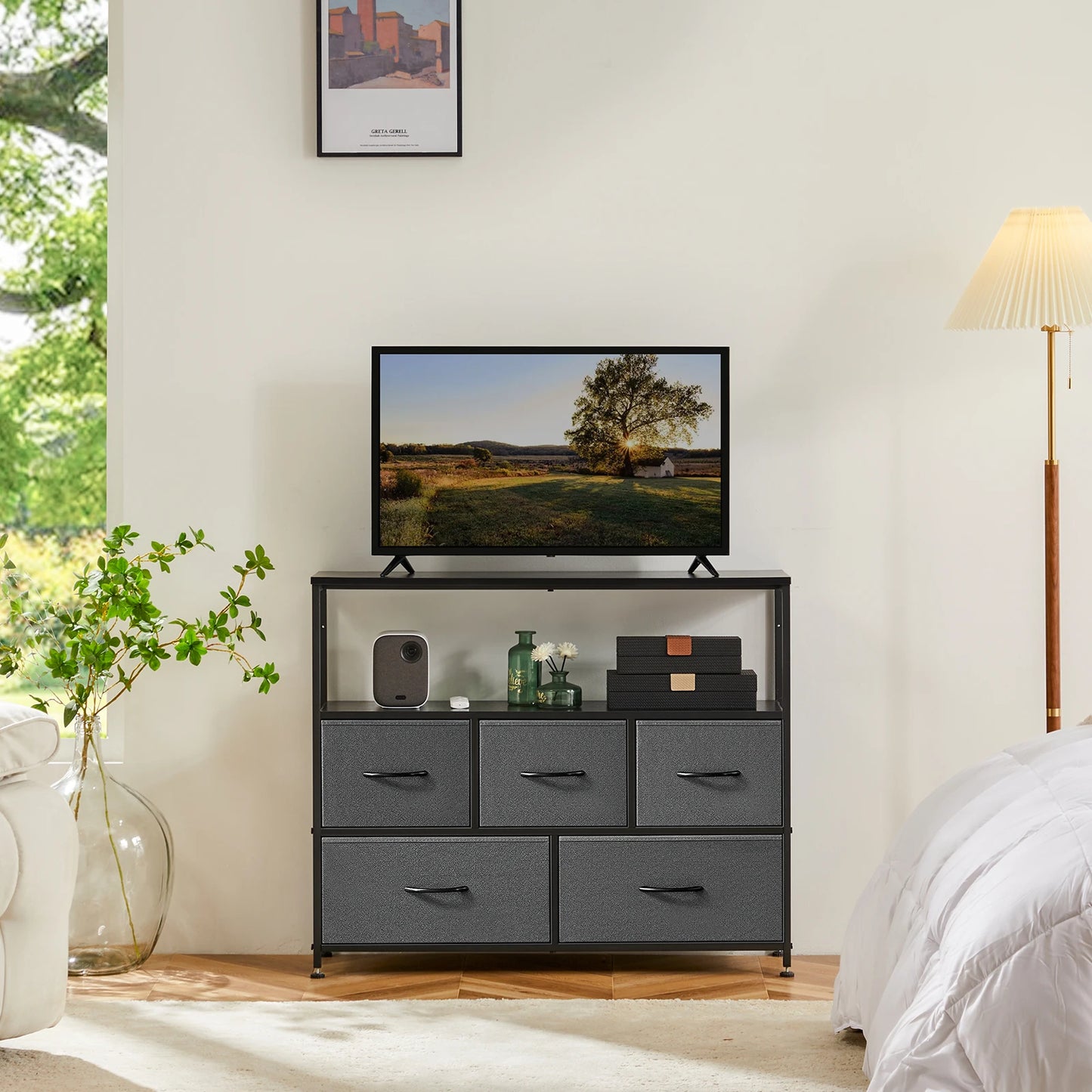 TV Stand Dresser for Bedroom with 5 Fabric Drawers