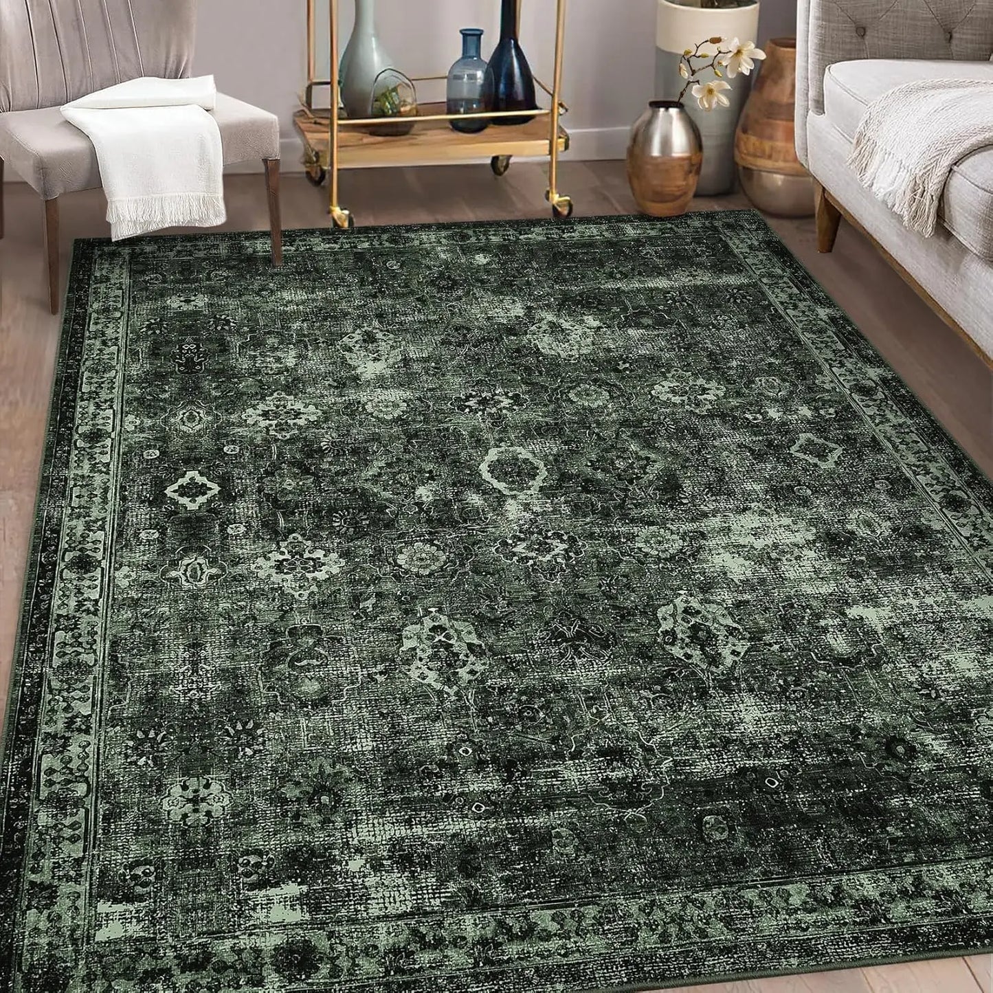 Dark Green Washable Area Carpet