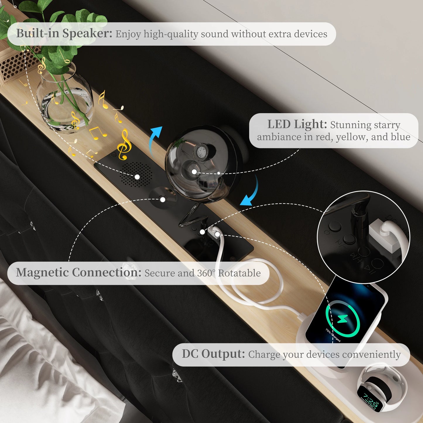 LED Bed Frame, Star Projector, Storage, Charging Station