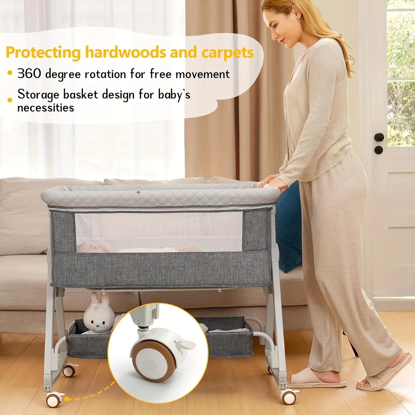 3-in-1 Bassinet Bedside Sleeper With Wheels
