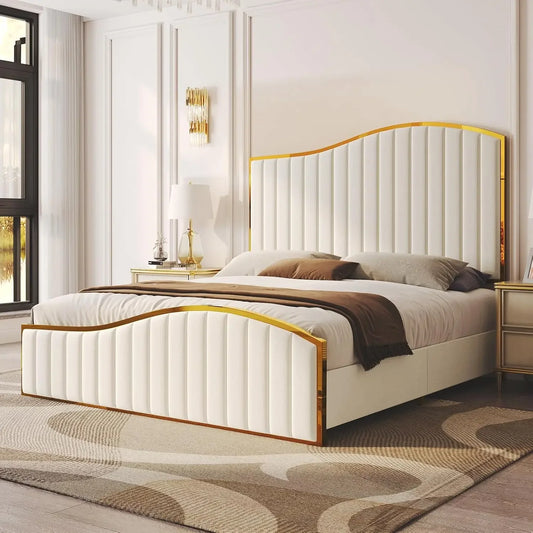 King Velvet Bed Frame, Gold Trim, Footboard