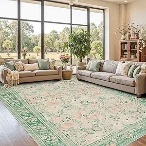 Floral Boho 8x10 Area Rugs, Low Pile Wool Carpets