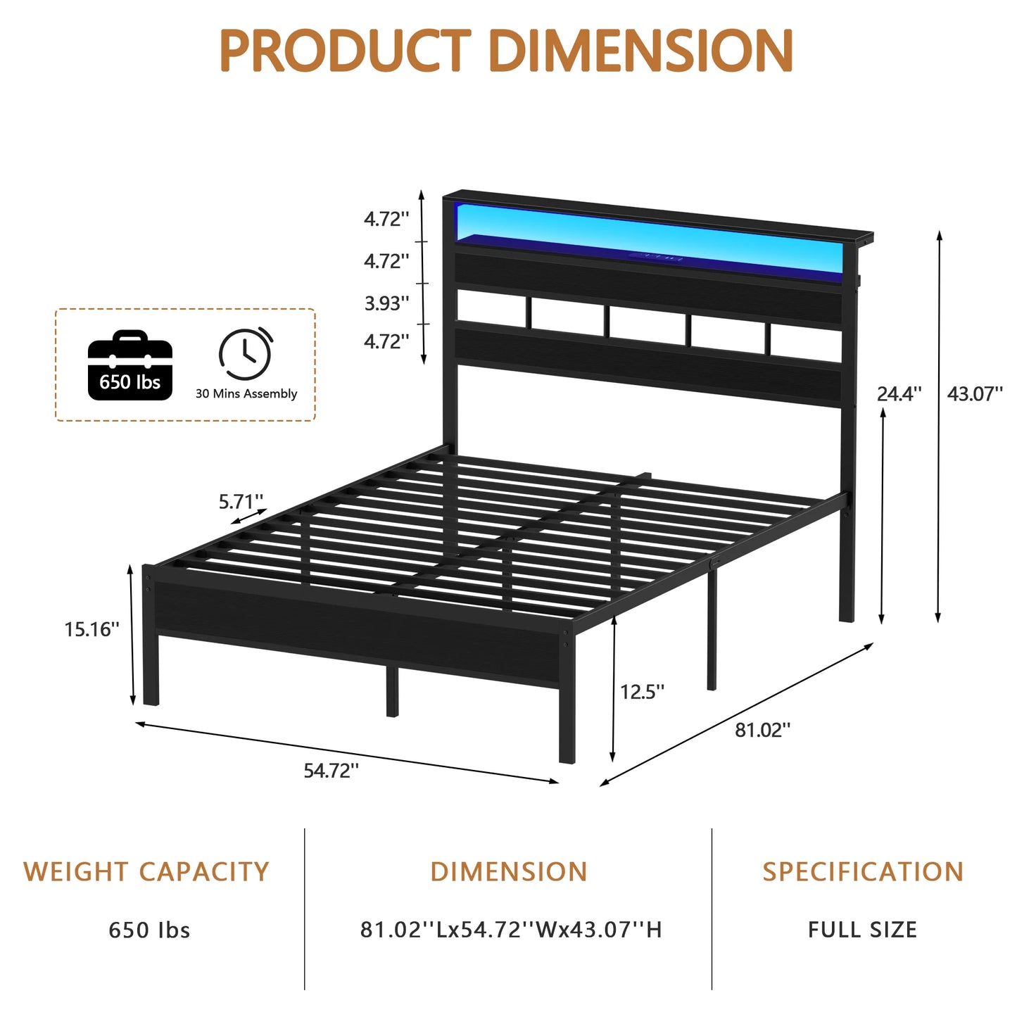 Bed Frame With LED Lights/Charging Station