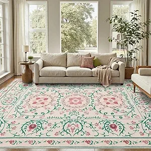 Floral Boho 8x10 Area Rugs, Low Pile Wool Carpets