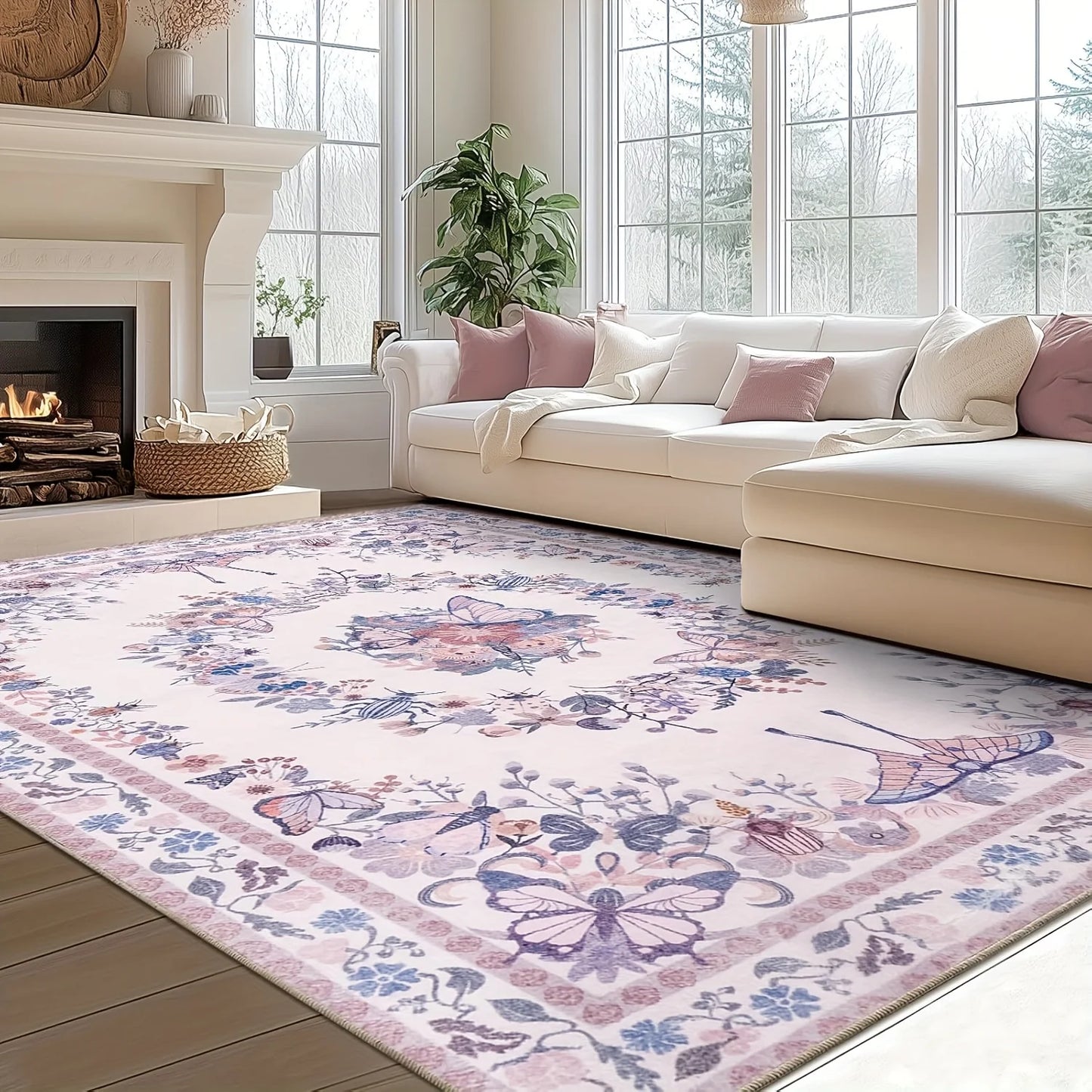 Pink Vintage Floral Large Area Rug