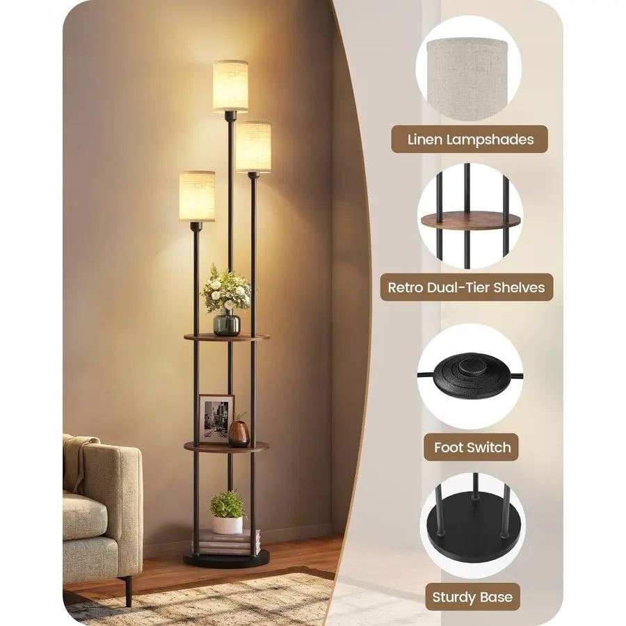 Modern Floor Lamp With 3 Linen Shades and Foot Switch