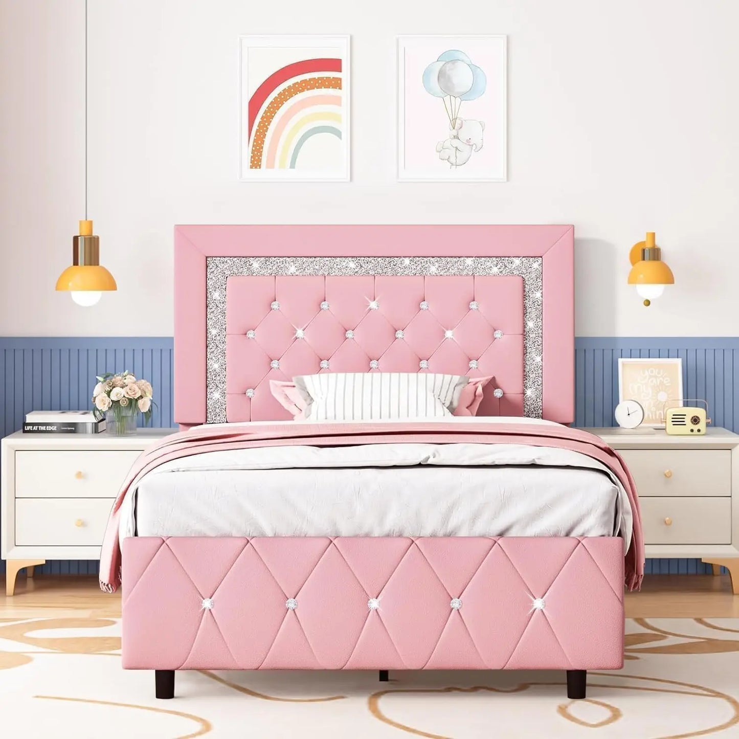 Platform Bed Frame With Upholstered Diamond Headboard